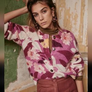 Sezane Aelie Floral Kid Mohair/Wool Knit Jumper in Pink and Purple